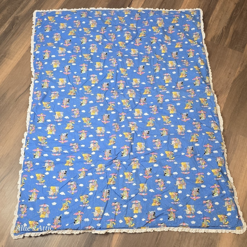 Noahs Ark Baby Quilt Blue Vintage Blanket Animals‎ Cotton Nursery Decor 50x38